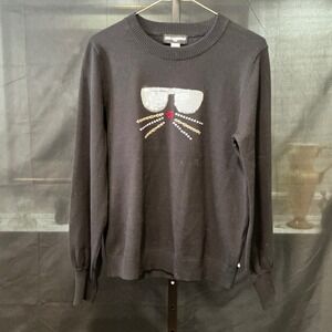 Karl Lagerfeld Paris Womens Black Cat Face Sequin Embellished Sweater Size S